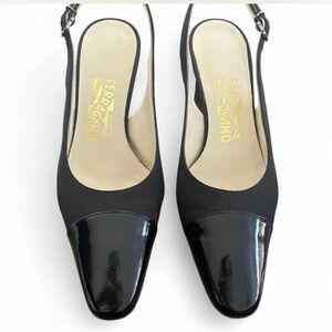 Salvatore Ferragamo women’s black canvas /black patent leather slingbacks
Size 6